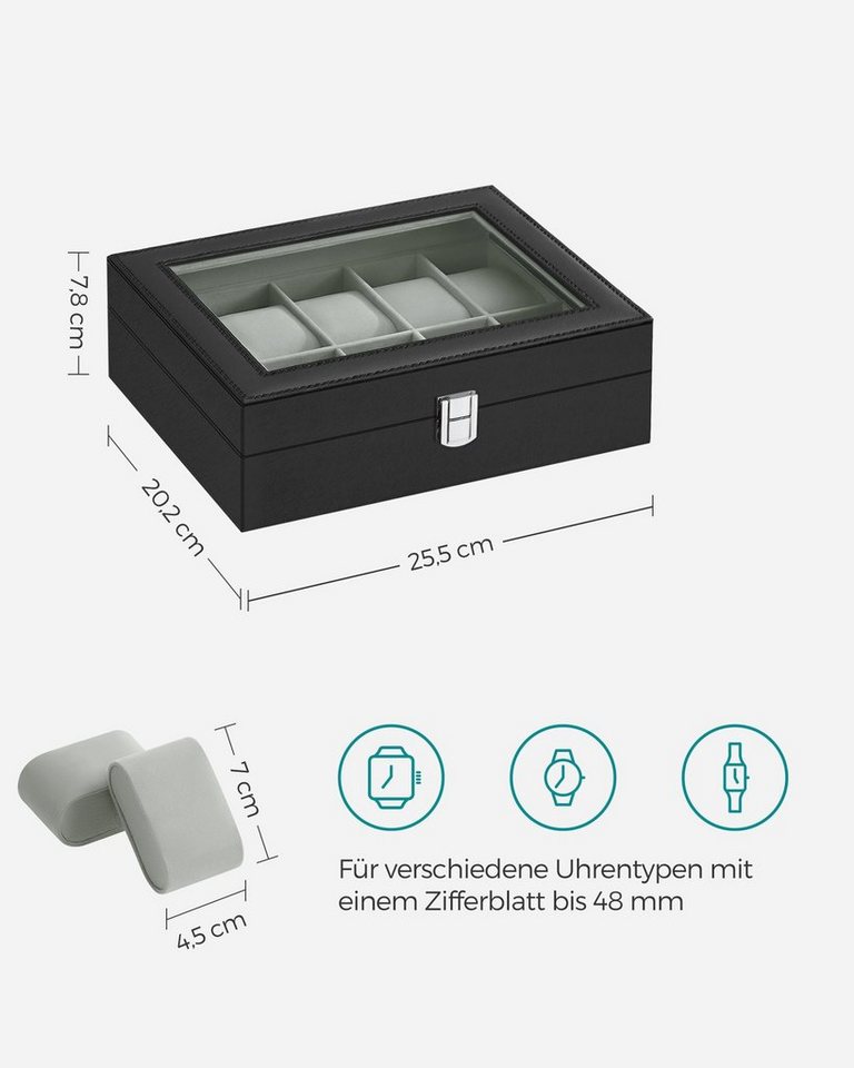 SONGMICS Uhrenbox Uhrenkasten, herausnehmbare Uhrenkissen, Geschenkidee,25,5x20,2x7,8 cm, mit 10 Fächern, Glasdeckel, Uhrenkoffer, Samtfutter in Grüngrau – Bild 5 von 5