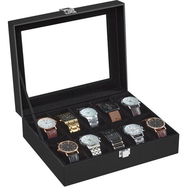 SONGMICS Uhrenbox Uhrenkasten, herausnehmbare Uhrenkissen, Geschenkidee,25,5x20,2x7,8 cm, mit 10 Fächern, Glasdeckel, Uhrenkoffer, Innenfutter in Schwarz