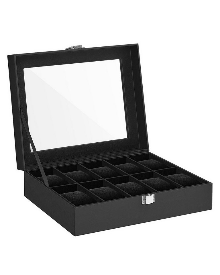 SONGMICS Uhrenbox Uhrenkasten, herausnehmbare Uhrenkissen, Geschenkidee,25,5x20,2x7,8 cm, mit 10 Fächern, Glasdeckel, Uhrenkoffer, Innenfutter in Schwarz – Bild 2 von 5