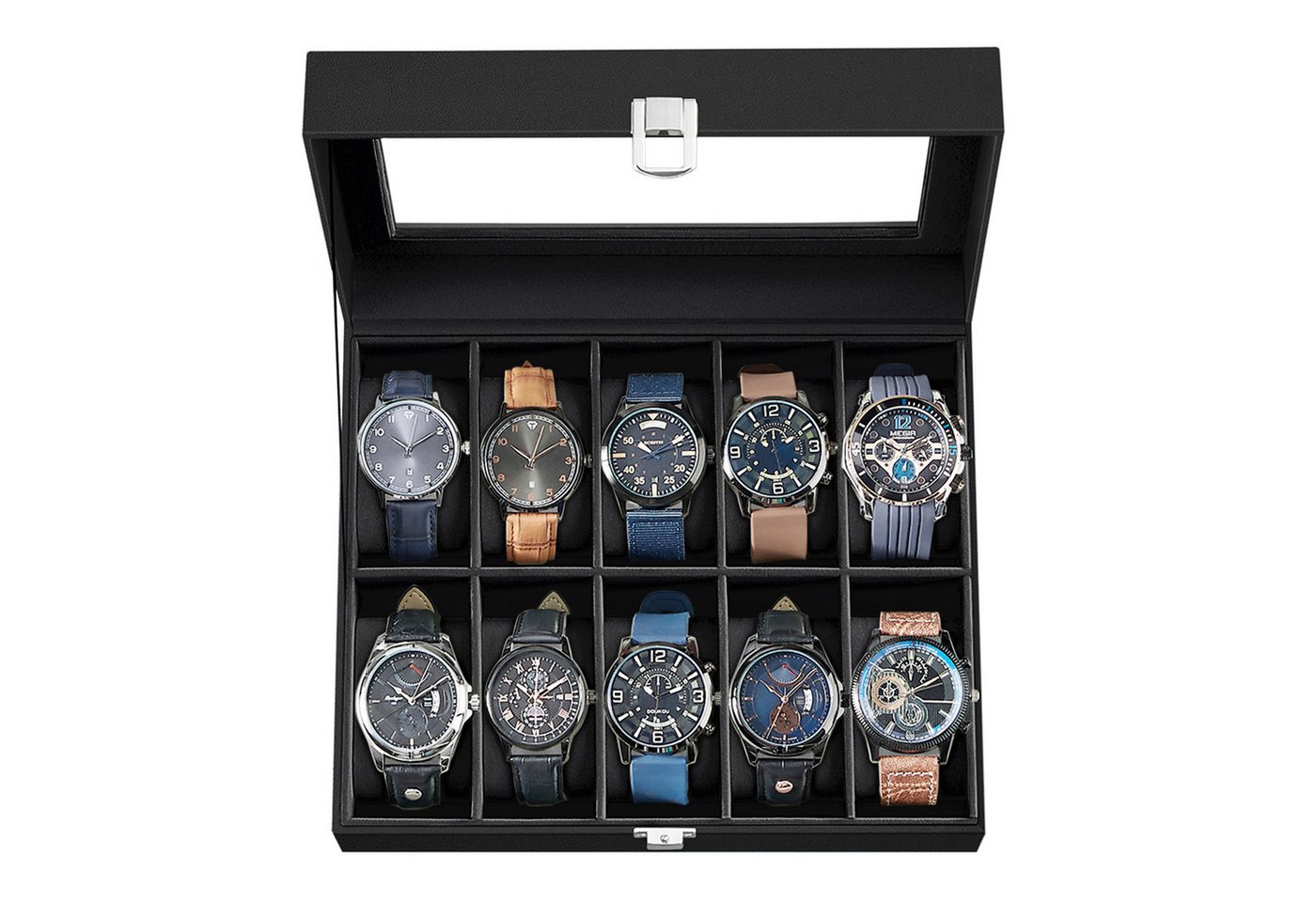 SONGMICS Uhrenbox Uhrenkasten, herausnehmbare Uhrenkissen, Geschenkidee,25,5x20,2x7,8 cm, mit 10 Fächern, Glasdeckel, Uhrenkoffer, Innenfutter in Schwarz – Bild 3 von 5