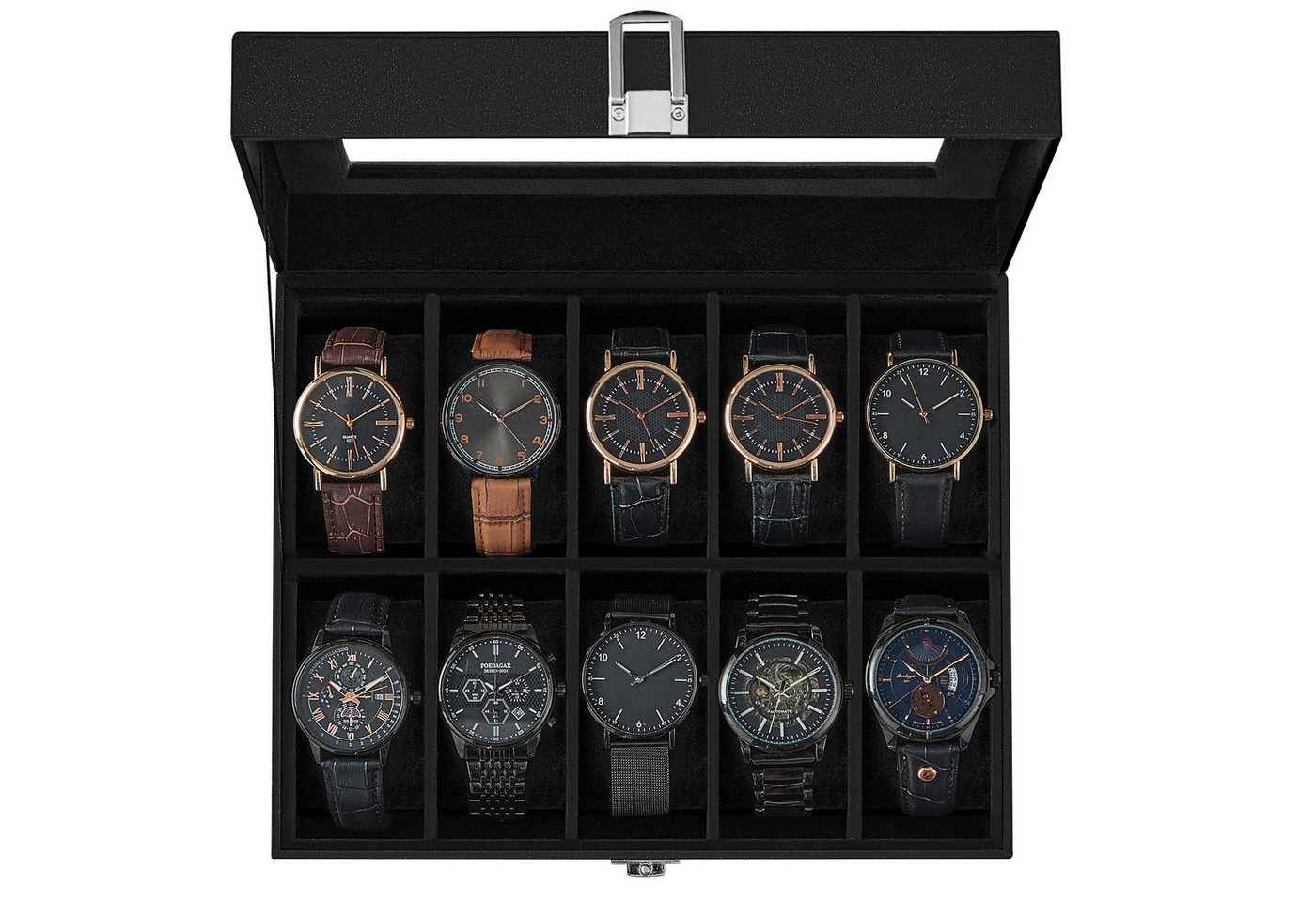 SONGMICS Uhrenbox Uhrenkasten, herausnehmbare Uhrenkissen, Geschenkidee,25,5x20,2x7,8 cm, mit 10 Fächern, Glasdeckel, Uhrenkoffer, Innenfutter in Schwarz – Bild 4 von 5
