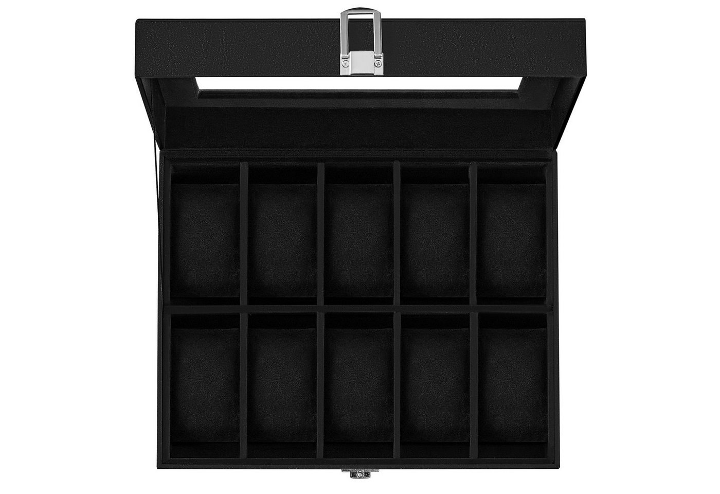 SONGMICS Uhrenbox Uhrenkasten, herausnehmbare Uhrenkissen, Geschenkidee,25,5x20,2x7,8 cm, mit 10 Fächern, Glasdeckel, Uhrenkoffer, Innenfutter in Schwarz – Bild 5 von 5