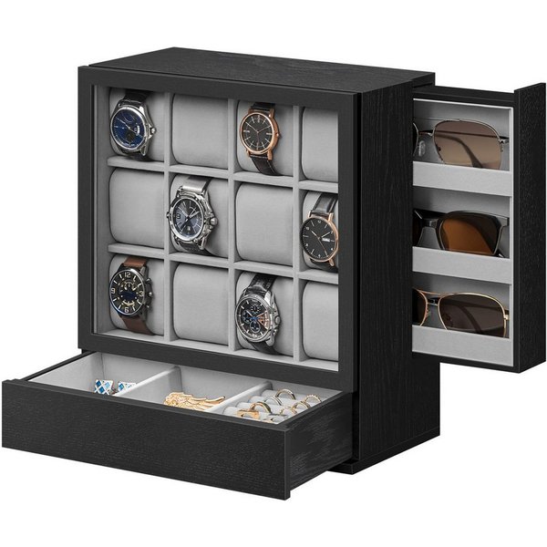 SONGMICS Uhrenbox Uhrenkasten, 6 Fächer, Geschenkidee, großes Sichtfenster, stehende Box, Massivholzfurnier