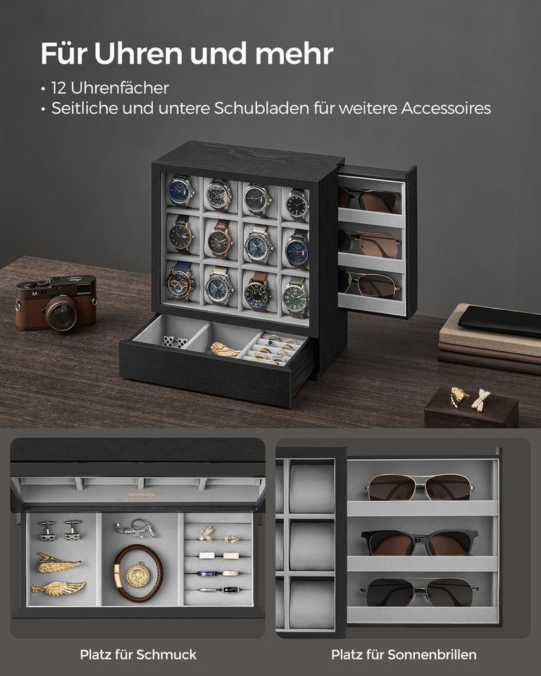 SONGMICS Uhrenbox Uhrenkasten, 6 Fächer, Geschenkidee, großes Sichtfenster, stehende Box, Massivholzfurnier – Bild 3 von 5