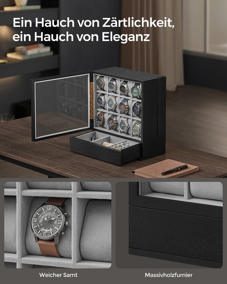 SONGMICS Uhrenbox Uhrenkasten, 6 Fächer, Geschenkidee, großes Sichtfenster, stehende Box, Massivholzfurnier – Bild 4 von 5