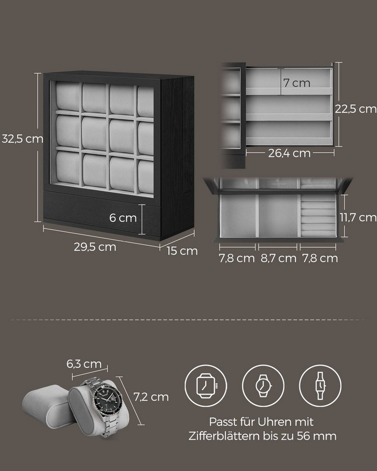SONGMICS Uhrenbox Uhrenkasten, 6 Fächer, Geschenkidee, großes Sichtfenster, stehende Box, Massivholzfurnier – Bild 5 von 5