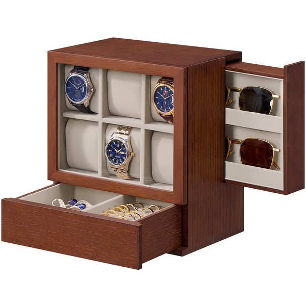 SONGMICS Uhrenbox Uhrenkasten, 6 Fächer, Geschenkidee, mit Fenster, Samtfutter, platzsparend, Massivholzfurnier