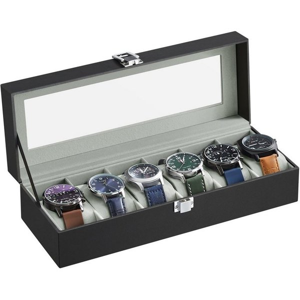 SONGMICS Uhrenbox Uhrenkasten, herausnehmbare Uhrenkissen, Geschenkidee, Glasdeckel, PU-Bezug, Samtfutter, 3/6 Fächer