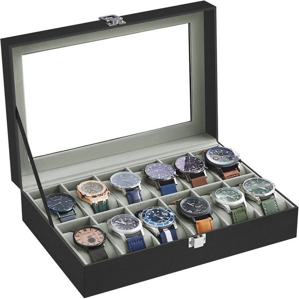 SONGMICS Uhrenbox Uhrenkasten, Premium-Uhrenschatulle, Herausnehmbare Kissen, herausnehmbaren Uhrenkissen,PU-Bezug in Schwarz,Samtfutter in Grüngrau
