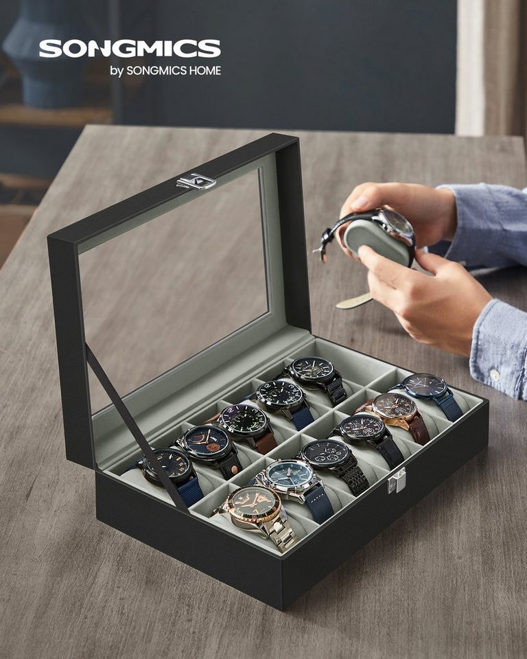 SONGMICS Uhrenbox Uhrenkasten, Premium-Uhrenschatulle, Herausnehmbare Kissen, herausnehmbaren Uhrenkissen,PU-Bezug in Schwarz,Samtfutter in Grüngrau – Bild 2 von 5