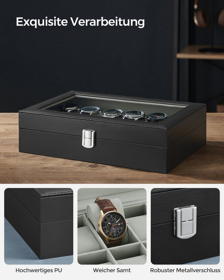 SONGMICS Uhrenbox Uhrenkasten, Premium-Uhrenschatulle, Herausnehmbare Kissen, herausnehmbaren Uhrenkissen,PU-Bezug in Schwarz,Samtfutter in Grüngrau – Bild 3 von 5