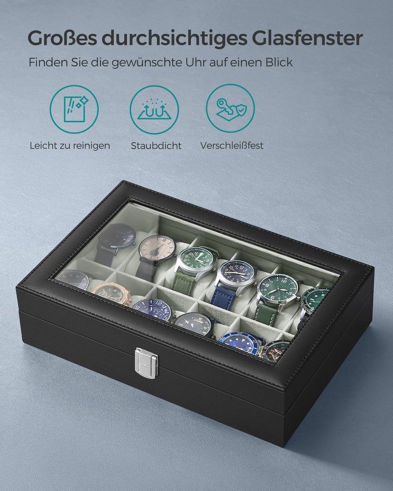 SONGMICS Uhrenbox Uhrenkasten, Premium-Uhrenschatulle, Herausnehmbare Kissen, herausnehmbaren Uhrenkissen,PU-Bezug in Schwarz,Samtfutter in Grüngrau – Bild 4 von 5