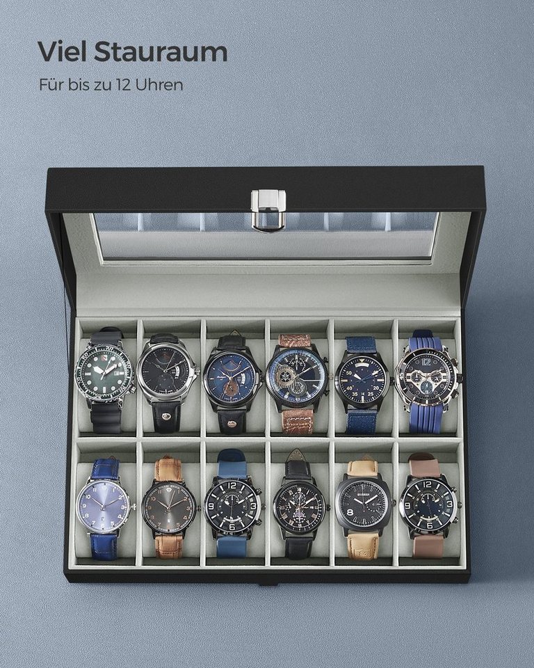 SONGMICS Uhrenbox Uhrenkasten, Premium-Uhrenschatulle, Herausnehmbare Kissen, herausnehmbaren Uhrenkissen,PU-Bezug in Schwarz,Samtfutter in Grüngrau – Bild 5 von 5