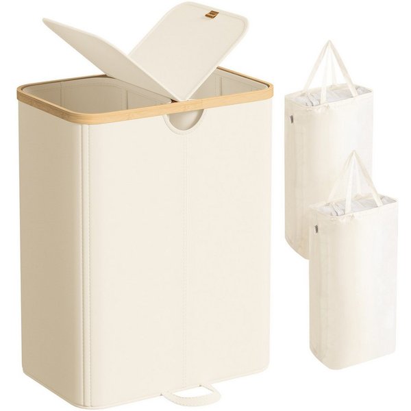 SONGMICS Wäschekorb 2 Fächer,150 Liter,Deckel,herausnehmbarer Wäschesack, 2 Fächer,150 Liter,mit Deckel, herausnehmbarer Wäschesack,weiß-beige