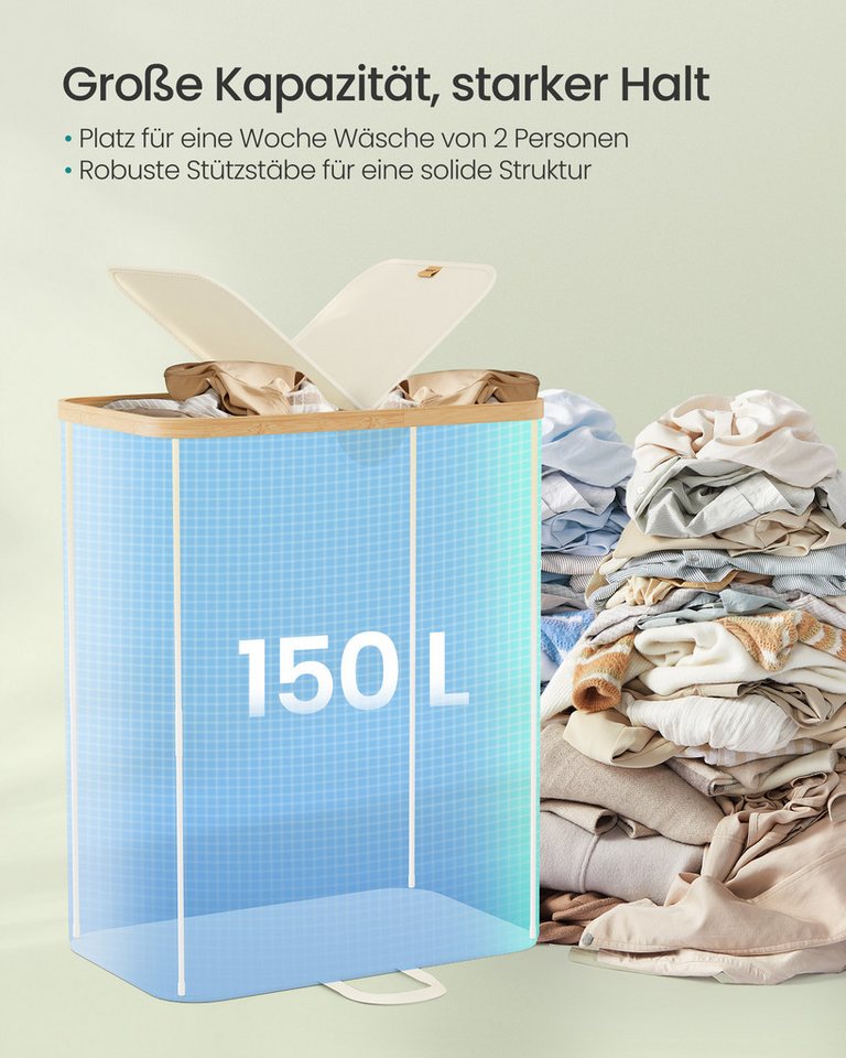 SONGMICS Wäschekorb 2 Fächer,150 Liter,Deckel,herausnehmbarer Wäschesack, 2 Fächer,150 Liter,mit Deckel, herausnehmbarer Wäschesack,weiß-beige – Bild 3 von 5