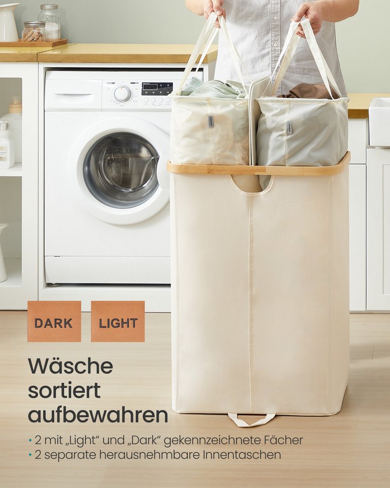 SONGMICS Wäschekorb 2 Fächer,150 Liter,Deckel,herausnehmbarer Wäschesack, 2 Fächer,150 Liter,mit Deckel, herausnehmbarer Wäschesack,weiß-beige – Bild 4 von 5