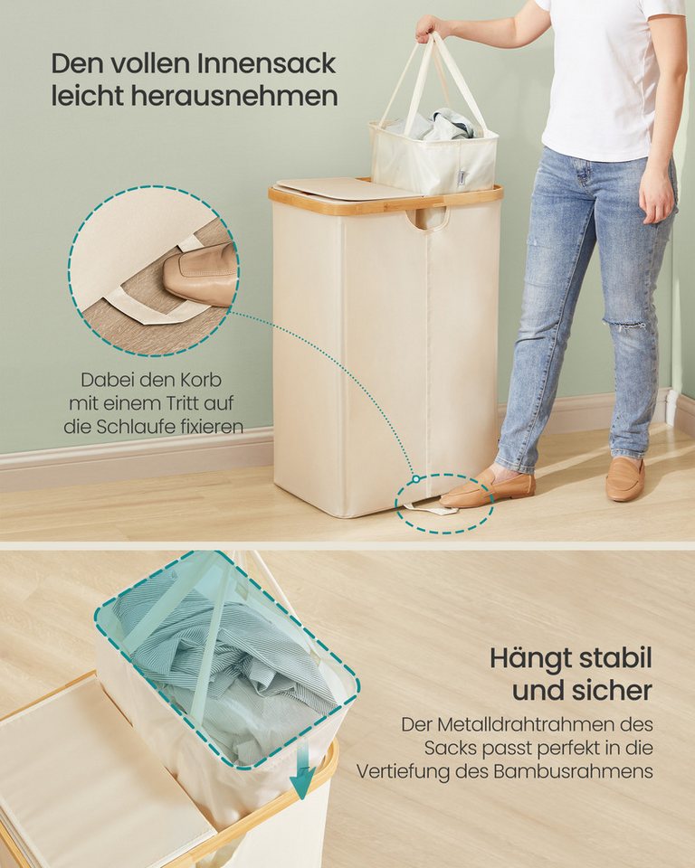 SONGMICS Wäschekorb 2 Fächer,150 Liter,Deckel,herausnehmbarer Wäschesack, 2 Fächer,150 Liter,mit Deckel, herausnehmbarer Wäschesack,weiß-beige – Bild 5 von 5