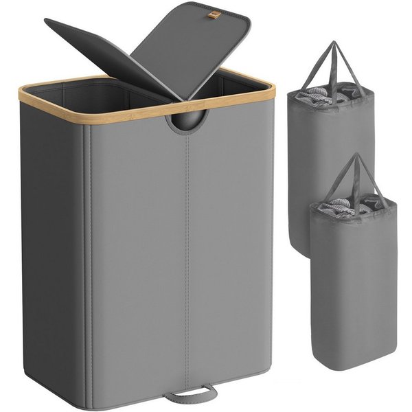 SONGMICS Wäschekorb 2 Fächer,150 Liter,Deckel,herausnehmbarer Wäschesack, 2 Fächer,150 Liter,mit Deckel,herausnehmbarer Wäschesack,Grau-beige