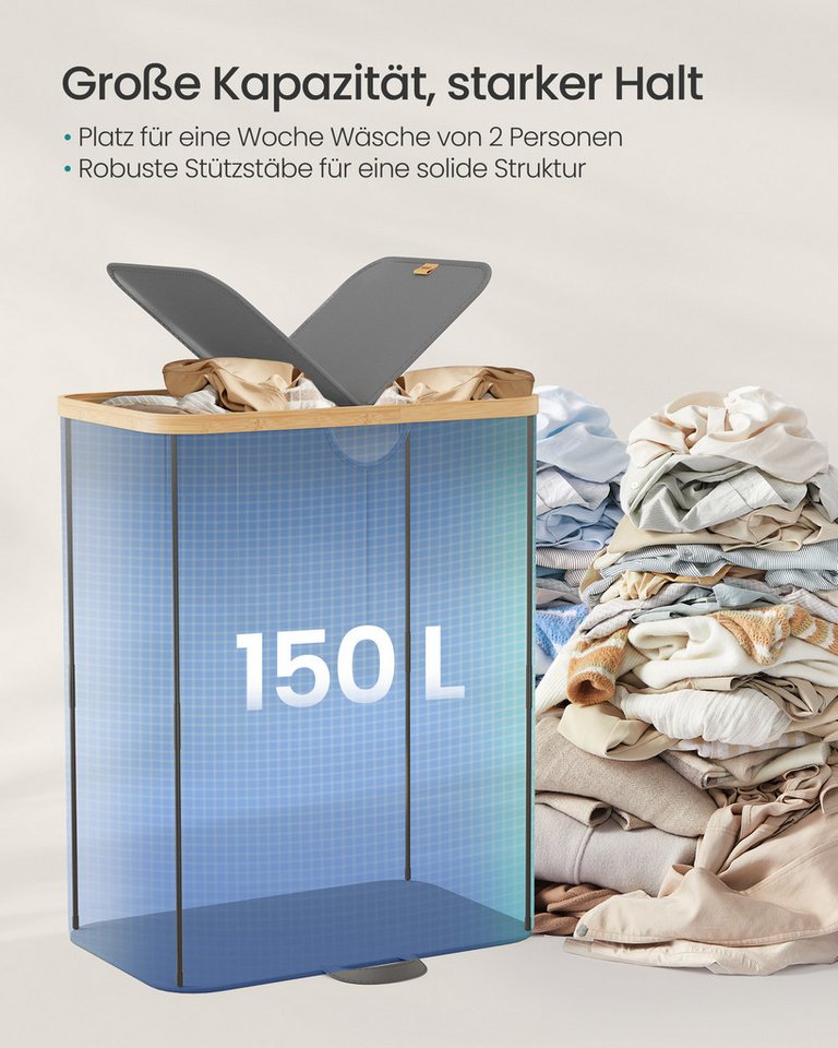 SONGMICS Wäschekorb 2 Fächer,150 Liter,Deckel,herausnehmbarer Wäschesack, 2 Fächer,150 Liter,mit Deckel,herausnehmbarer Wäschesack,Grau-beige – Bild 3 von 5