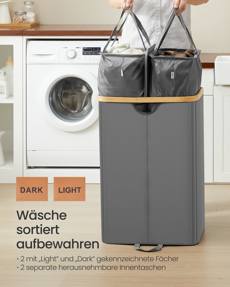SONGMICS Wäschekorb 2 Fächer,150 Liter,Deckel,herausnehmbarer Wäschesack, 2 Fächer,150 Liter,mit Deckel,herausnehmbarer Wäschesack,Grau-beige – Bild 4 von 5