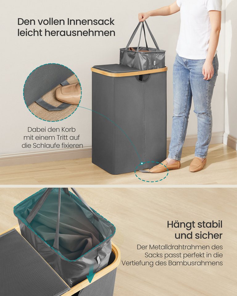 SONGMICS Wäschekorb 2 Fächer,150 Liter,Deckel,herausnehmbarer Wäschesack, 2 Fächer,150 Liter,mit Deckel,herausnehmbarer Wäschesack,Grau-beige – Bild 5 von 5