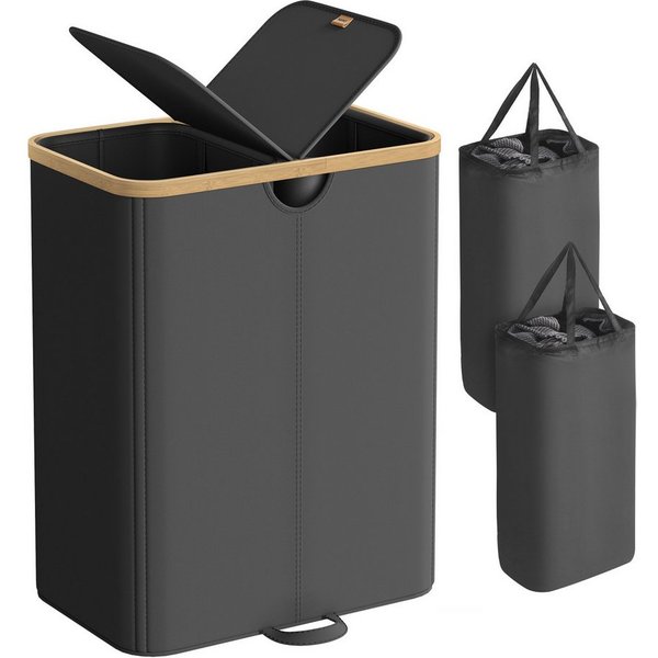 SONGMICS Wäschekorb 2 Fächer,150 Liter,Deckel,herausnehmbarer Wäschesack, 2 Fächer,150 Liter,Deckel,herausnehmbarer Wäschesack,schwarz-beige