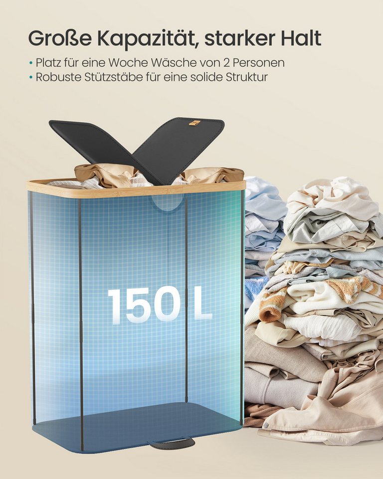 SONGMICS Wäschekorb 2 Fächer,150 Liter,Deckel,herausnehmbarer Wäschesack, 2 Fächer,150 Liter,Deckel,herausnehmbarer Wäschesack,schwarz-beige – Bild 3 von 5