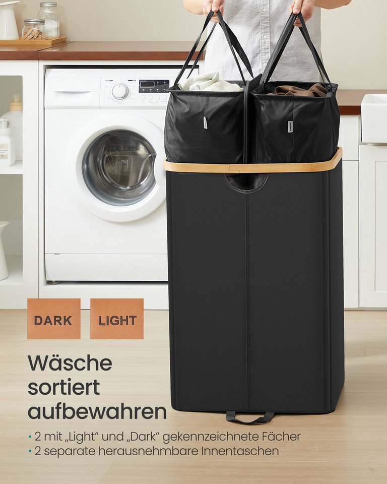 SONGMICS Wäschekorb 2 Fächer,150 Liter,Deckel,herausnehmbarer Wäschesack, 2 Fächer,150 Liter,Deckel,herausnehmbarer Wäschesack,schwarz-beige – Bild 4 von 5