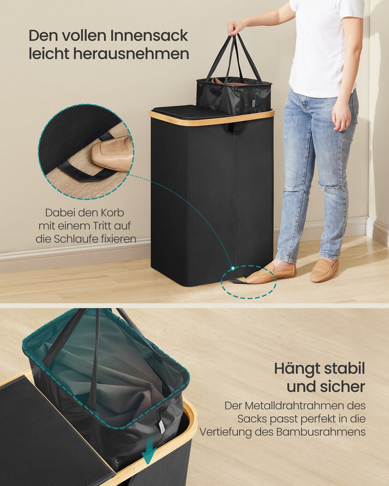 SONGMICS Wäschekorb 2 Fächer,150 Liter,Deckel,herausnehmbarer Wäschesack, 2 Fächer,150 Liter,Deckel,herausnehmbarer Wäschesack,schwarz-beige – Bild 5 von 5
