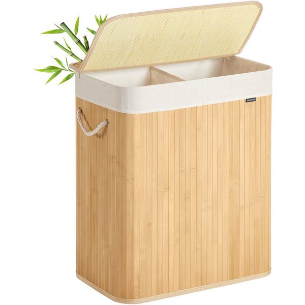SONGMICS Wäschekorb 2 Fächer, 100 L Wäschesammler, faltbar, Waschküche, 52 x 32 x 61 cm, mit Deckel, Wäschebox Bambus, Wäschesack herausnehmbar, naturfarben