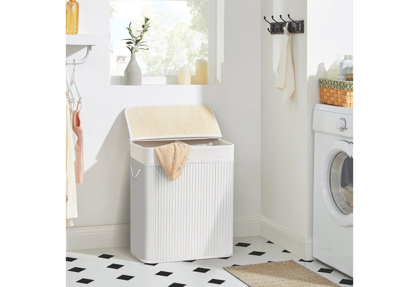 SONGMICS Wäschekorb 2 Fächer, 100 L Wäschesammler, faltbar, Waschküche, 52 x 32 x 61 cm, mit Deckel, Wäschebox Bambus, Wäschesack herausnehmbar, weiß – Bild 3 von 5