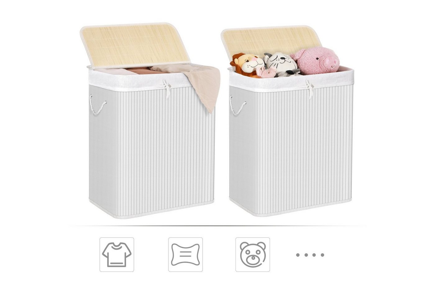 SONGMICS Wäschekorb 2 Fächer, 100 L Wäschesammler, faltbar, Waschküche, 52 x 32 x 61 cm, mit Deckel, Wäschebox Bambus, Wäschesack herausnehmbar, weiß – Bild 5 von 5