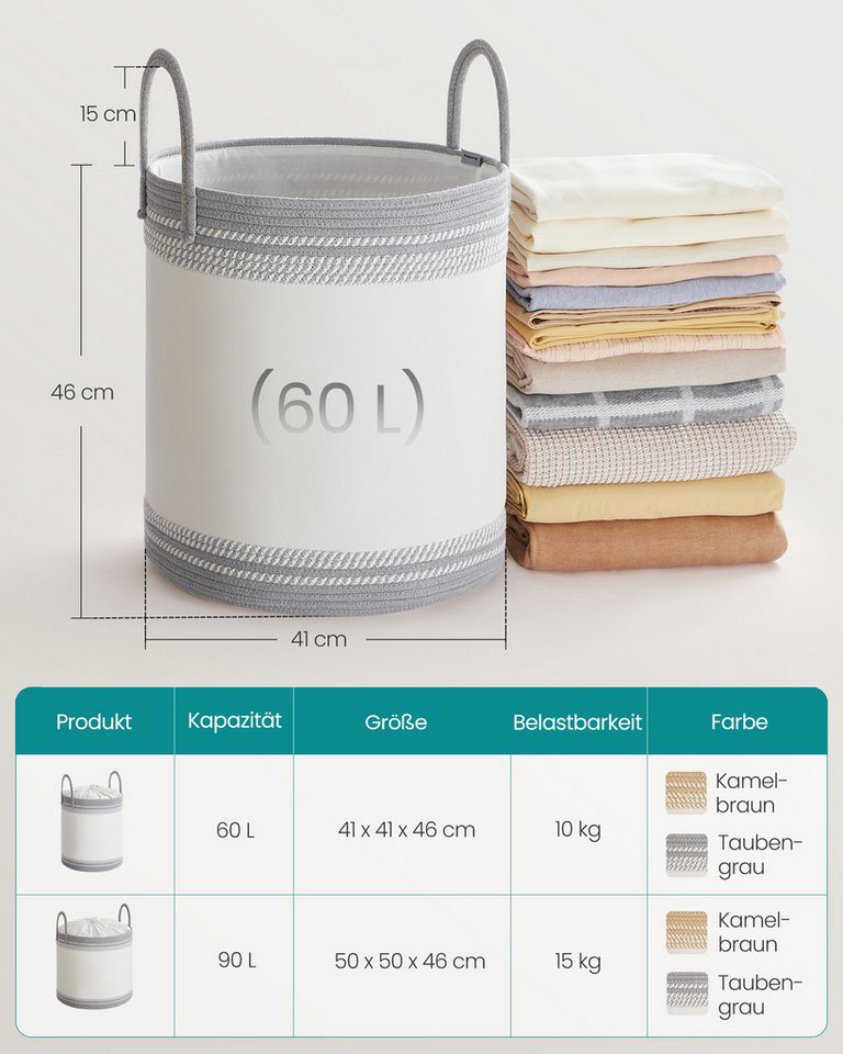 SONGMICS Wäschekorb,Wäschesammler für Kinder, Aufbewahrungskorb, für Decken, Kinderzimmer, mit Henkel, Kuscheltier Aufbewahrung, Schlafzimmer, 60 L – Bild 5 von 5