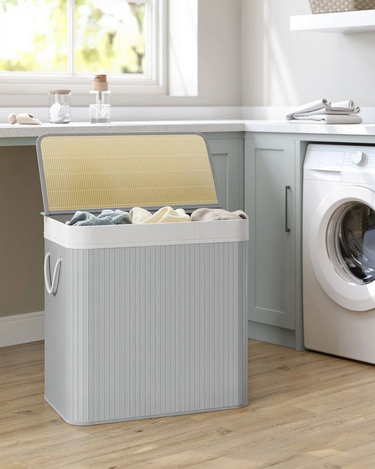 SONGMICS Wäschekorb 3 Fächer, 150 L Wäschesammler mit Deckel, Wäschebox Bambus, faltbar, Wäschesack herausnehmbar maschinenwaschbar, Waschküche – Bild 2 von 5
