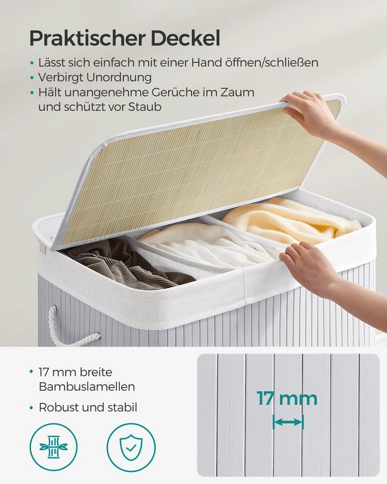 SONGMICS Wäschekorb 3 Fächer, 150 L Wäschesammler mit Deckel, Wäschebox Bambus, faltbar, Wäschesack herausnehmbar maschinenwaschbar, Waschküche – Bild 3 von 5