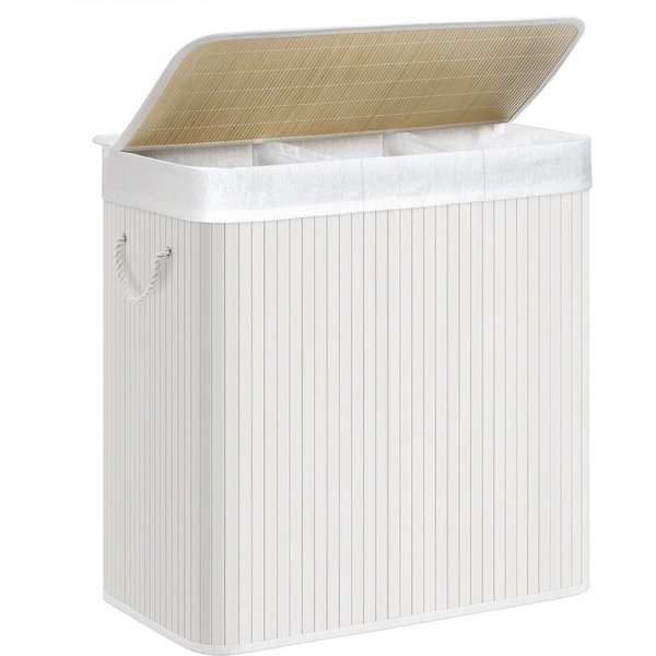 SONGMICS Wäschekorb 3 Fächer, 150 L Wäschesammler mit Deckel, Wäschebox Bambus, faltbar, Wäschesack herausnehmbar maschinenwaschbar, Waschküche