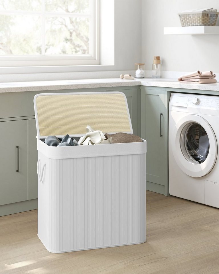 SONGMICS Wäschekorb 3 Fächer, 150 L Wäschesammler mit Deckel, Wäschebox Bambus, faltbar, Wäschesack herausnehmbar maschinenwaschbar, Waschküche – Bild 2 von 5