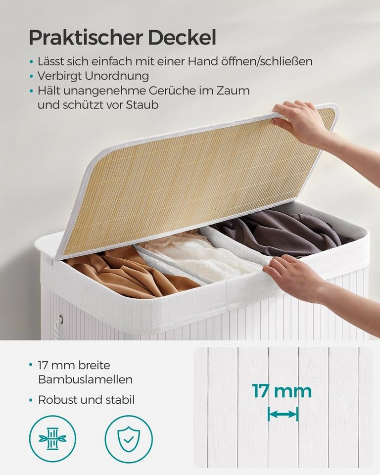 SONGMICS Wäschekorb 3 Fächer, 150 L Wäschesammler mit Deckel, Wäschebox Bambus, faltbar, Wäschesack herausnehmbar maschinenwaschbar, Waschküche – Bild 3 von 5