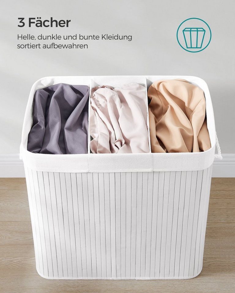 SONGMICS Wäschekorb 3 Fächer, 150 L Wäschesammler mit Deckel, Wäschebox Bambus, faltbar, Wäschesack herausnehmbar maschinenwaschbar, Waschküche – Bild 5 von 5