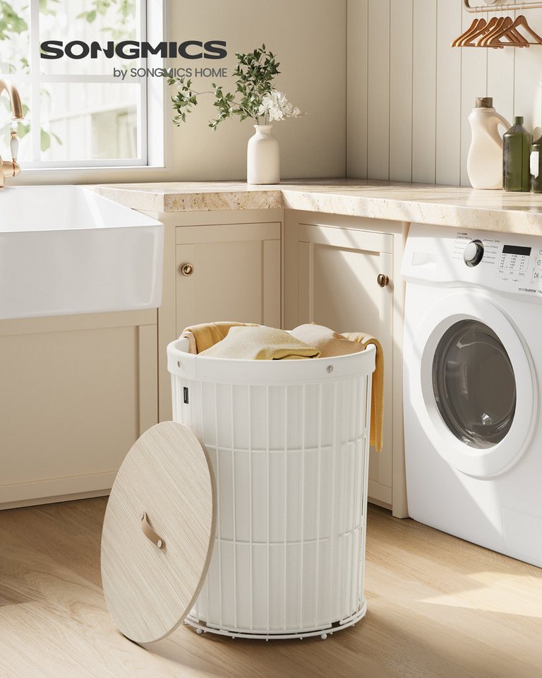 SONGMICS Wäschekorb 95 L, für Waschküche, Schlafzimmer, Wohnzimmer, 46 x 46 x 61 cm, mit Deckel, Wäschesammler rund, herausnehmbarer Wäschesack, cremeweiß – Bild 2 von 5