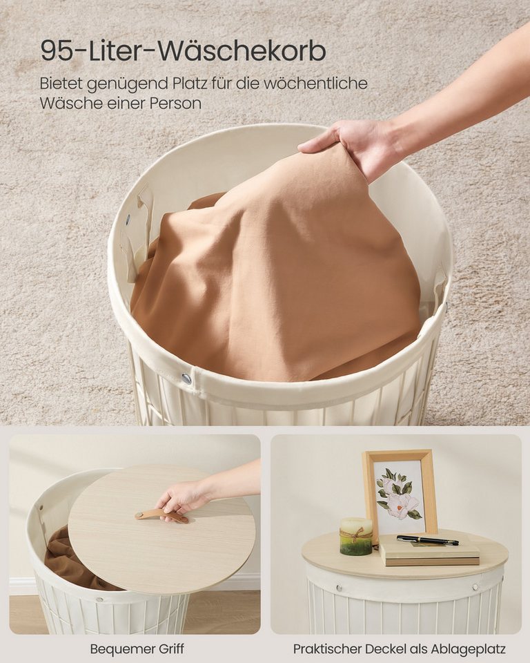 SONGMICS Wäschekorb 95 L, für Waschküche, Schlafzimmer, Wohnzimmer, 46 x 46 x 61 cm, mit Deckel, Wäschesammler rund, herausnehmbarer Wäschesack, cremeweiß – Bild 4 von 5