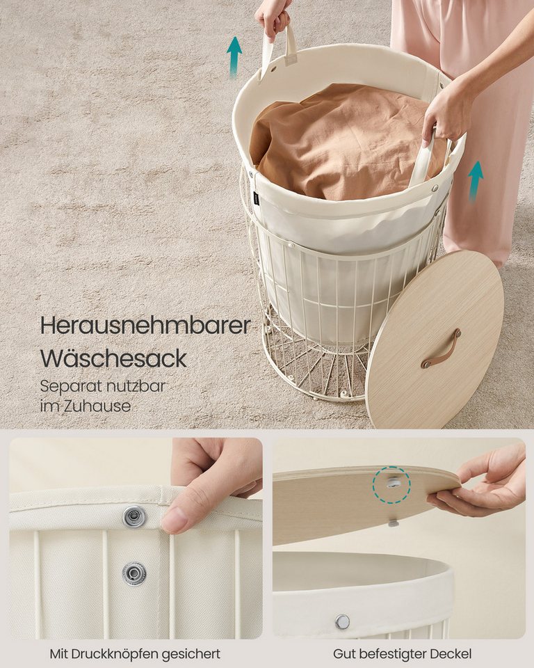 SONGMICS Wäschekorb 95 L, für Waschküche, Schlafzimmer, Wohnzimmer, 46 x 46 x 61 cm, mit Deckel, Wäschesammler rund, herausnehmbarer Wäschesack, cremeweiß – Bild 5 von 5