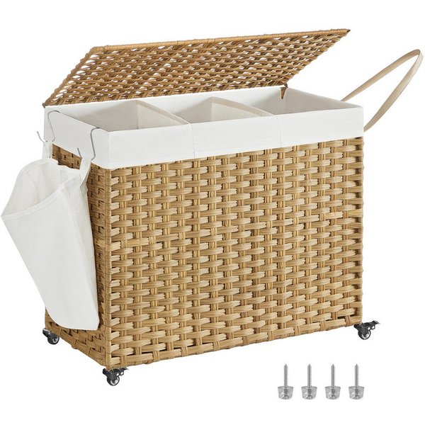 SONGMICS Wäschekorb mit Deckel, Wäschesammler 3 Fächer, Wäschesortierer mit Rollen, 160 L, Wäschesack herausnehmbar, für Waschküche, 76 x 33 x 66 cm