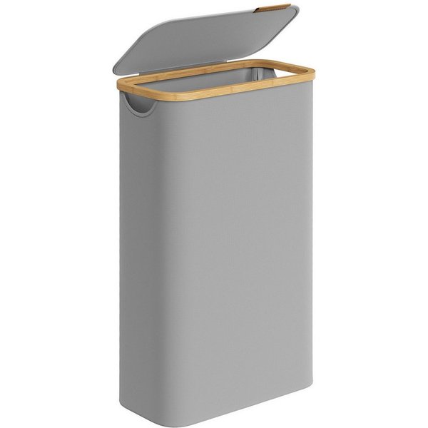 SONGMICS Wäschekorb mit Deckel, herausnehmbarer Einsatz, Bambus‑Rahmen, Oxford‑Gewebe, 65 L, 42 x 22,5 x 70,5 cm, mit Deckel, platzsparend, Griffe aus Bambus