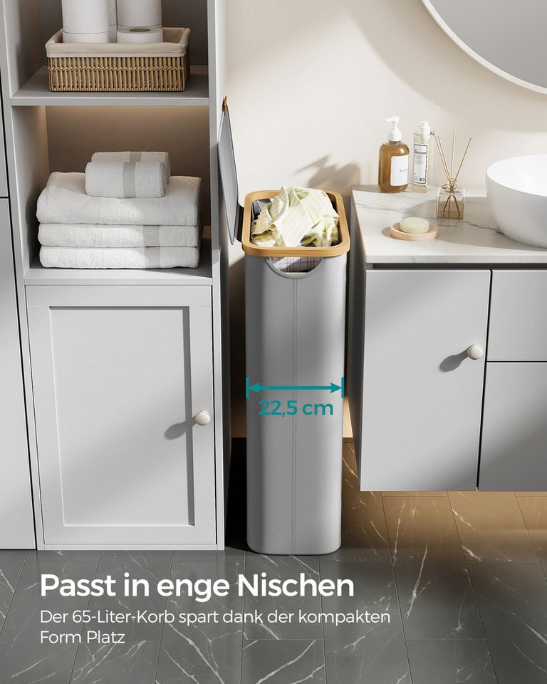 SONGMICS Wäschekorb mit Deckel, herausnehmbarer Einsatz, Bambus‑Rahmen, Oxford‑Gewebe, 65 L, 42 x 22,5 x 70,5 cm, mit Deckel, platzsparend, Griffe aus Bambus – Bild 3 von 5