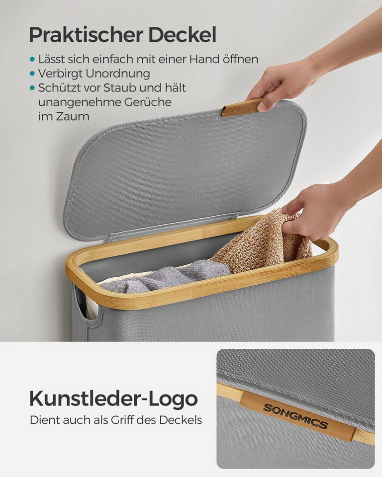 SONGMICS Wäschekorb mit Deckel, herausnehmbarer Einsatz, Bambus‑Rahmen, Oxford‑Gewebe, 65 L, 42 x 22,5 x 70,5 cm, mit Deckel, platzsparend, Griffe aus Bambus – Bild 4 von 5