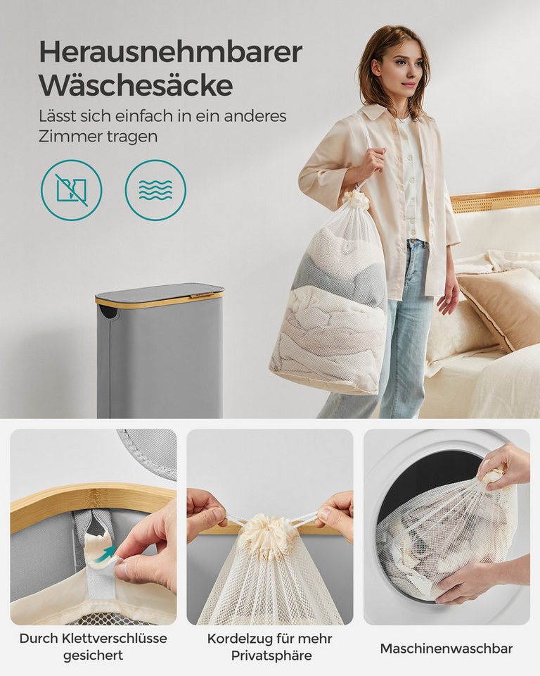 SONGMICS Wäschekorb mit Deckel, herausnehmbarer Einsatz, Bambus‑Rahmen, Oxford‑Gewebe, 65 L, 42 x 22,5 x 70,5 cm, mit Deckel, platzsparend, Griffe aus Bambus – Bild 5 von 5