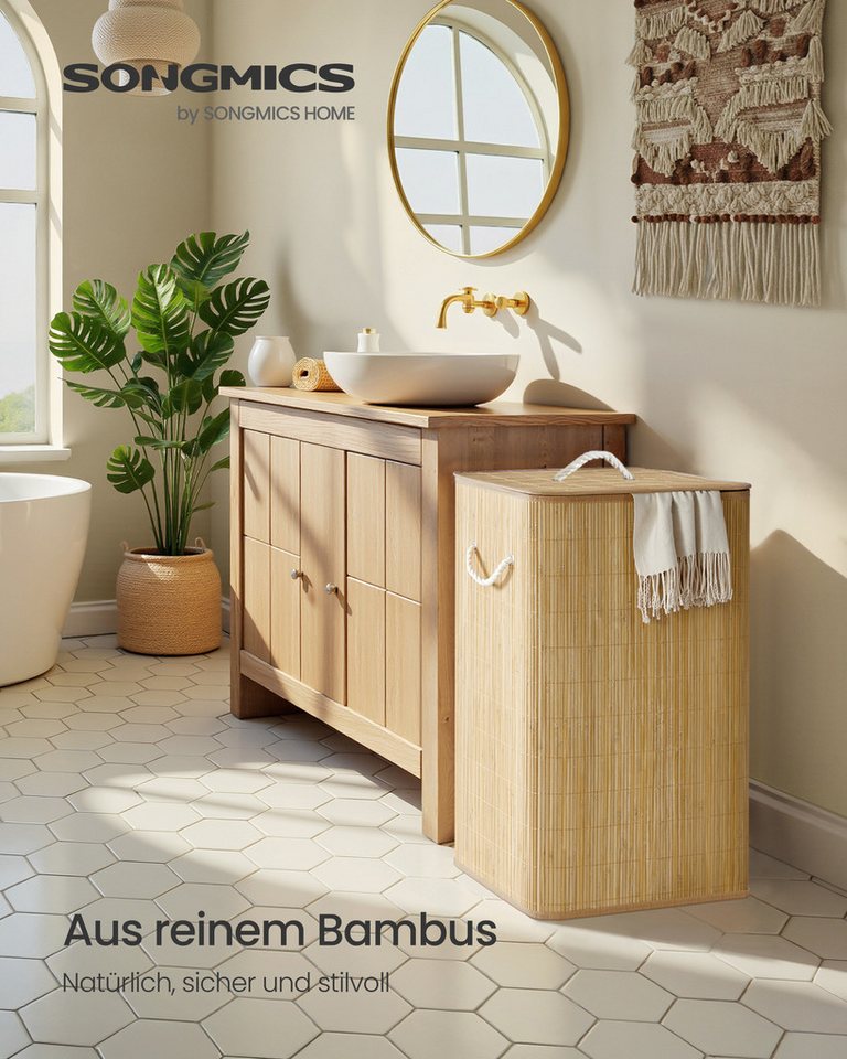 SONGMICS Wäschekorb Wäschekorb mit Deckel, Wäschesammler Bambus, Wäschebox mit Griffen, 60 L, rechteckig, faltbar, Wäschesack herausnehmbar maschinenwaschbar – Bild 2 von 5