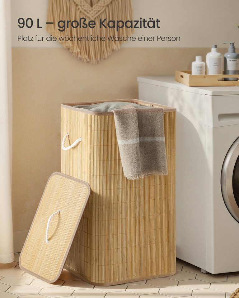 SONGMICS Wäschekorb Wäschekorb mit Deckel, Wäschesammler Bambus, Wäschebox mit Griffen, 60 L, rechteckig, faltbar, Wäschesack herausnehmbar maschinenwaschbar – Bild 3 von 5