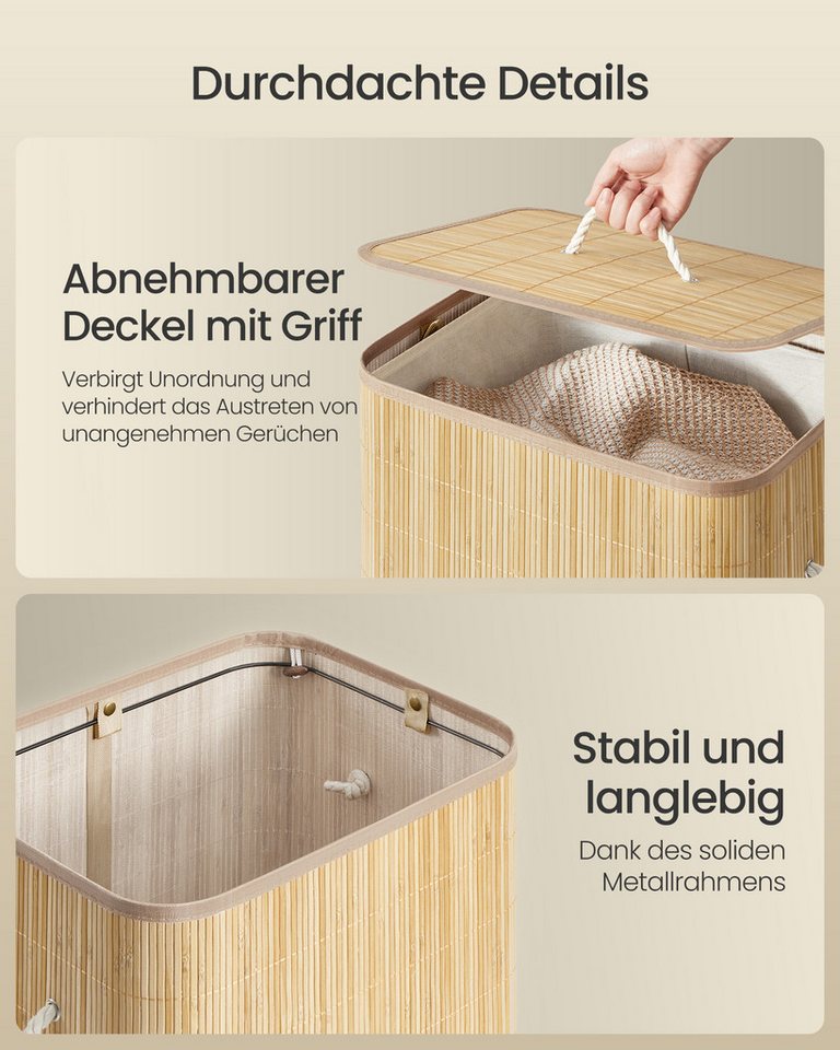 SONGMICS Wäschekorb Wäschekorb mit Deckel, Wäschesammler Bambus, Wäschebox mit Griffen, 60 L, rechteckig, faltbar, Wäschesack herausnehmbar maschinenwaschbar – Bild 5 von 5